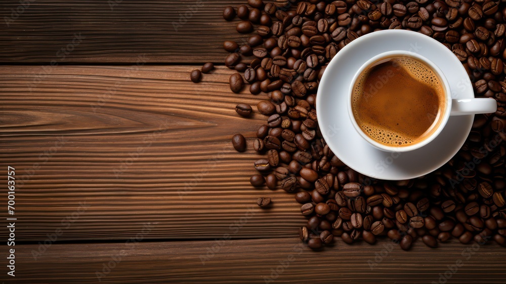 Cup of coffee on a light brown wooden background with coffee beans on the ground created with Generative AI Cup of coffee on a light brown wooden background with coffee beans on the ground created with Generative AI