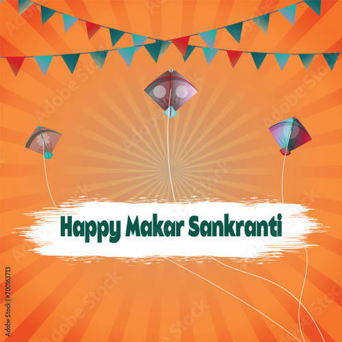 Radiant Revelry: Makar Sankranti's Skyward Soiree, This vibrant vector encapsulates the spirit of Makar Sankranti. It features colorful kites soaring against a radiant sunburst backdrop, symbolizing.