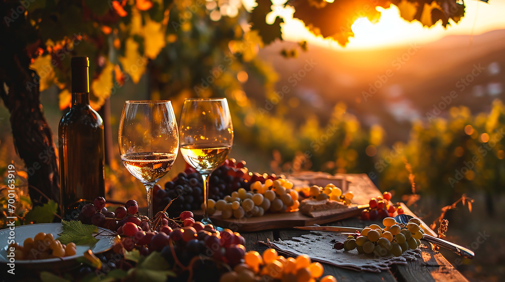 Fototapeta premium Atardecer en la Viña: Cata de Vino entre Racimos de Uva
