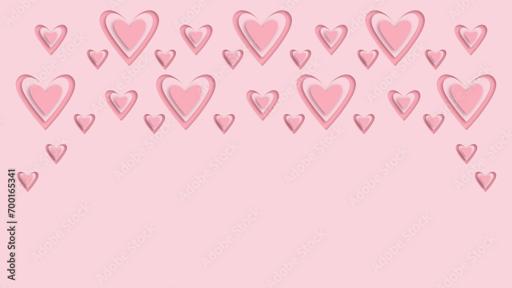 Valentines day greeting card with pink paper elements in shape of heart flying on pink background