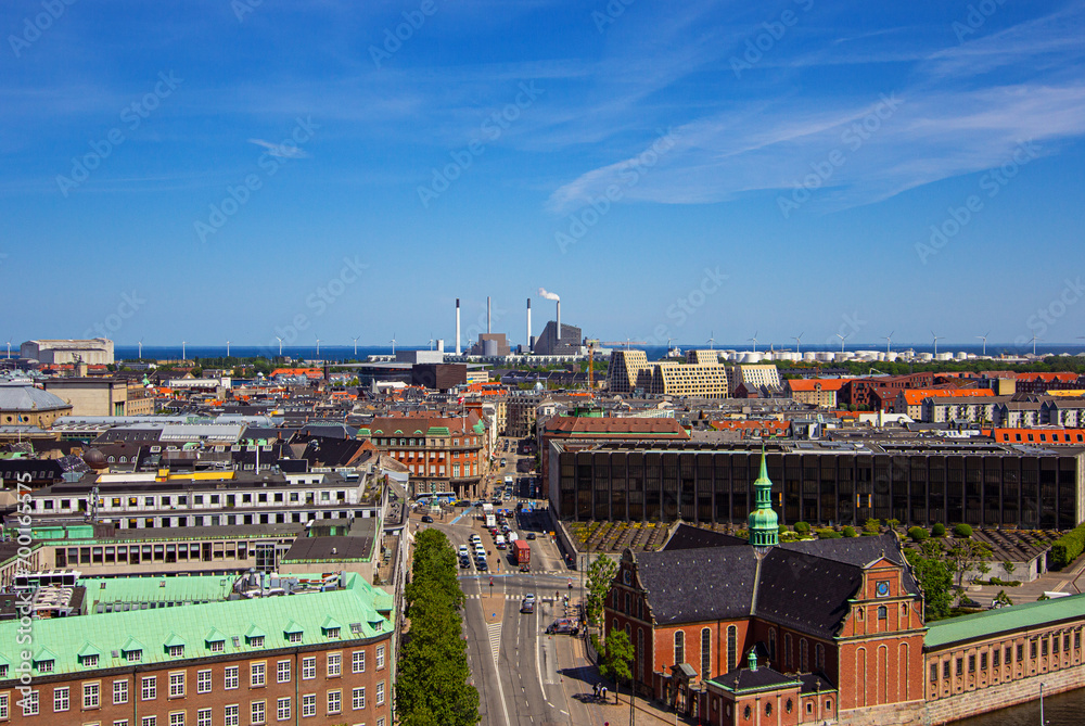 The Holmen Church (Danish: Holmens Kirke) is a former naval church in center of Copenhagen, Denmark. Amager Bakke incineration plant on the background. View from the tower of Christiansborg Palace
