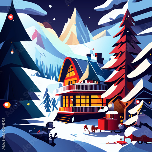 winter landscape with houses, winter landscape with house, winter landscape with houses and trees