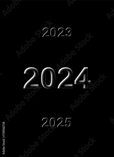A timeline view of new year 2024 and earlier and future years isolated on a black background 