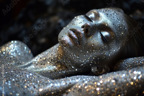 Serene Beauty with Glittering Skin. A peaceful woman with her eyes closed  skin glittering in soft light.