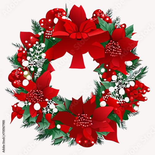 christmas wreath with poinsettia, christmas wreath with red ribbon, christmas wreath with holly berries and ribbon