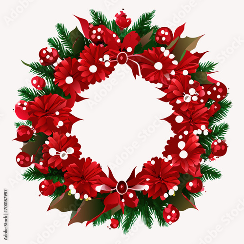 christmas wreath vector illustration, christmas wreath with red ribbon, christmas wreath with holly berries