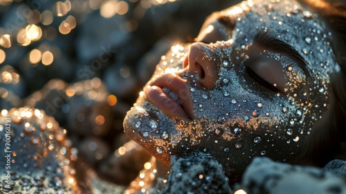 Glitter-Dusted Dreamy Gaze. Woman's face with glitter makeup bathed in soft light, eyes gazing upward.