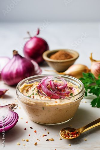 hummus served with red onions in the glass bowl on the light table