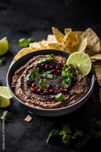 Close-up of black bean hummus dip with nachos and limes on the dark table