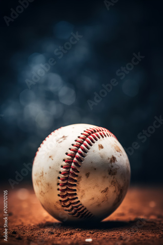 A close up of Ball of baseball on the playing field, Baseball Stadium, cinematic, blurred background with copy space