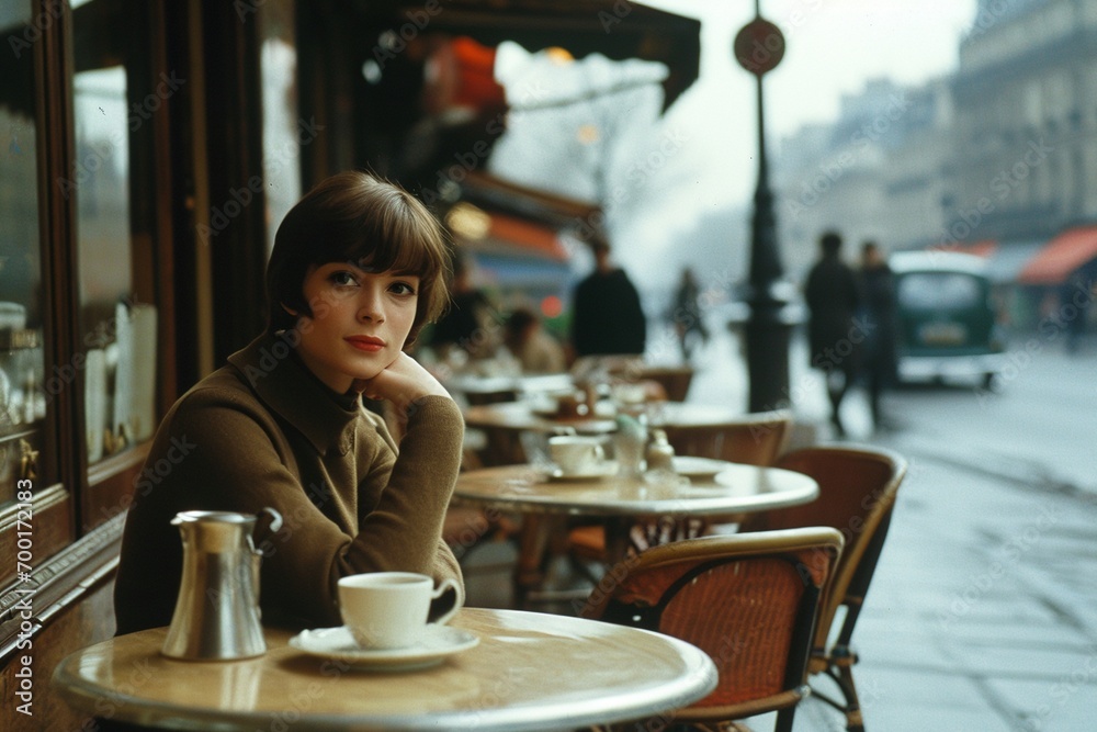 A timeless retro photograph captures the allure of a female seated at a Parisian café table in the 1960s. The scene exudes a classic charm, depicting an era of grace, fashion - obrazy, fototapety, plakaty 