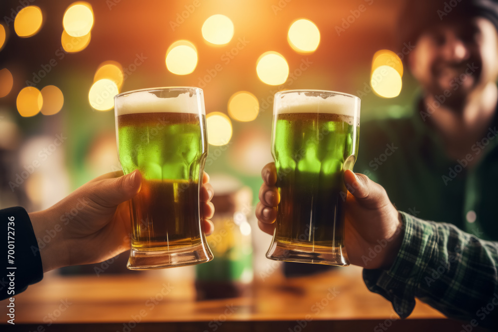 Friends Toasting with Frothy Green Beers, Cheers to the Irish Spirit, Illuminated Pub Ambiance, St. Patrick's Day Festive celebration