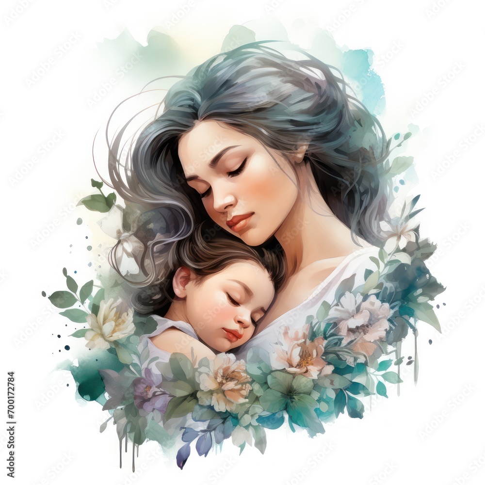 Lovely Mom and Baby on white background, Watercolor Sublimation design , illustration ,artwork graphic design.