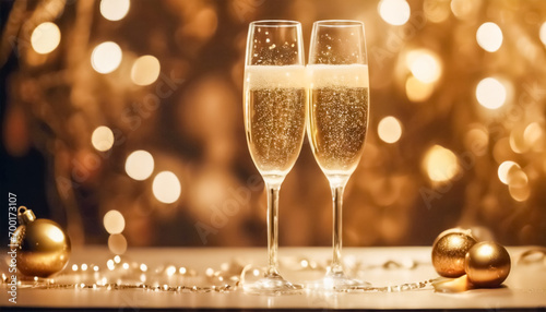 Festeggiamenti Dorati- Flute di Champagne con Ornamenti in una Scenografia di Lusso photo