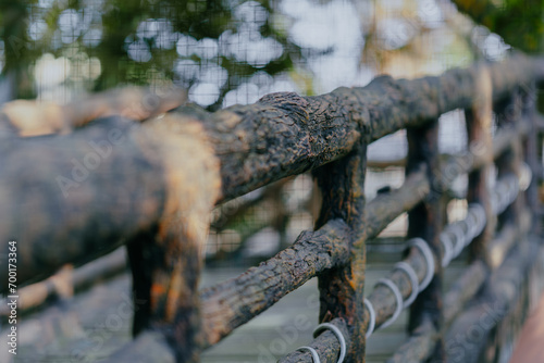 Texture of a wooden tree bridge. Selective focus.