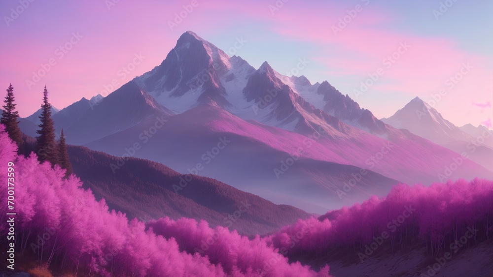 Beautiful pink and purple snowy mountain landscape