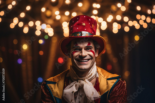 Circus performer clown magician showman in retro costume miracle time Generative AI photo