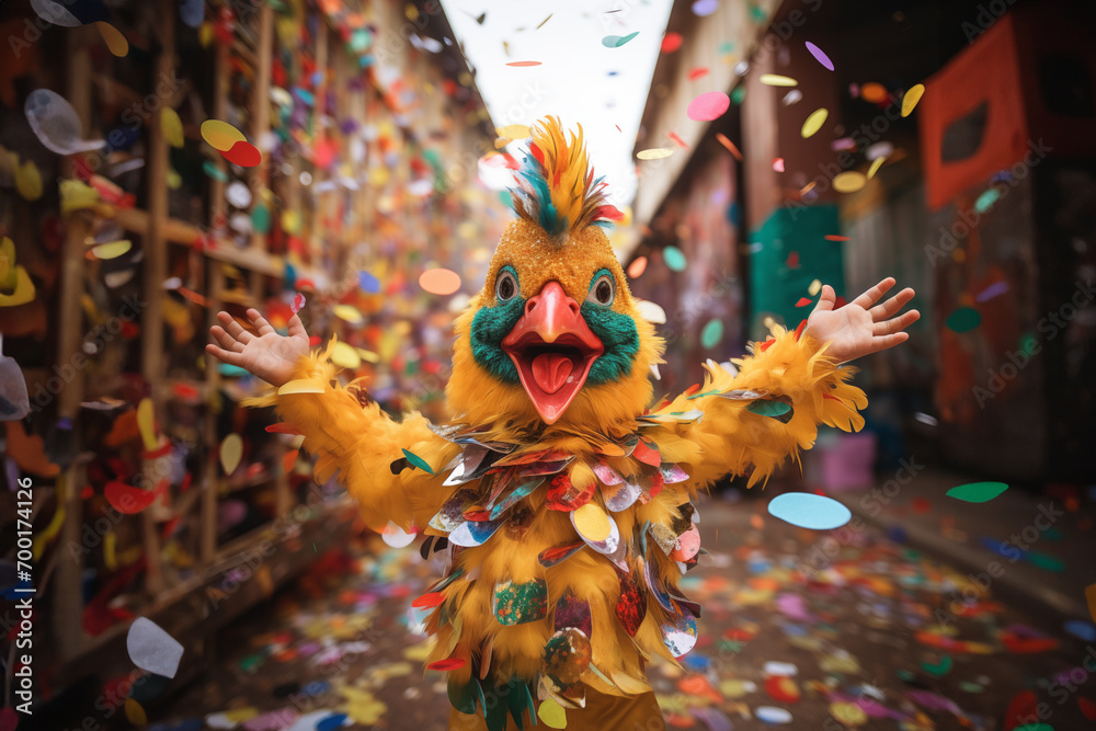 Kid in the chicken costume against Lot of confetti outdoors - obrazy, fototapety, plakaty 