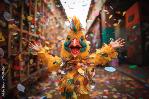 Kid in the chicken costume against Lot of confetti outdoors