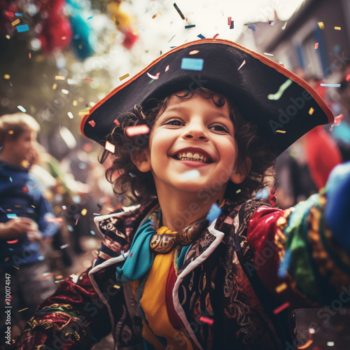 Happy boy on the carnival parade in the pirate costume against Lot of confetti outdoors