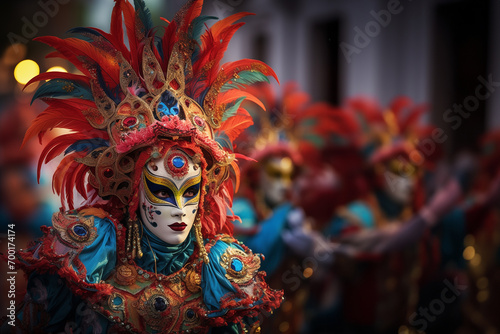 Artist in costume on the Portuguese carnival parade on the evening street. Copy space photo