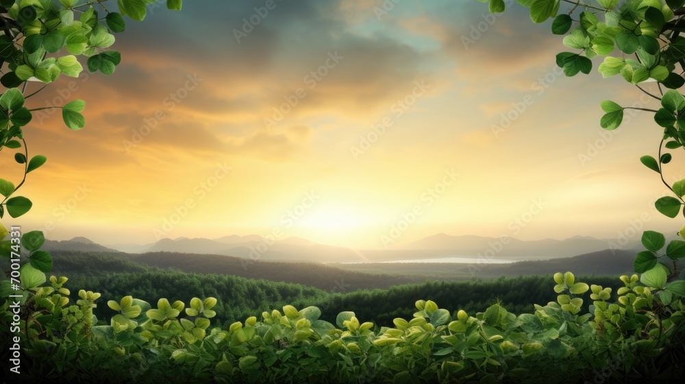 Naklejka premium Green magic forest landscape with clover background. St. Patrick's Day concept. Abstract green fantasy mystery nature Illustration for design, brochures, banner, greeting card.