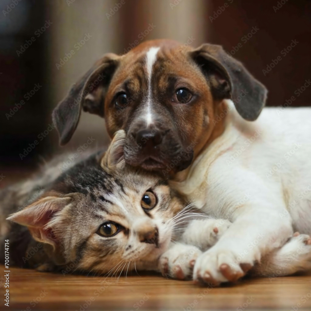 Adorable puppy and kitten lying together in a loving embrace. Generative AI