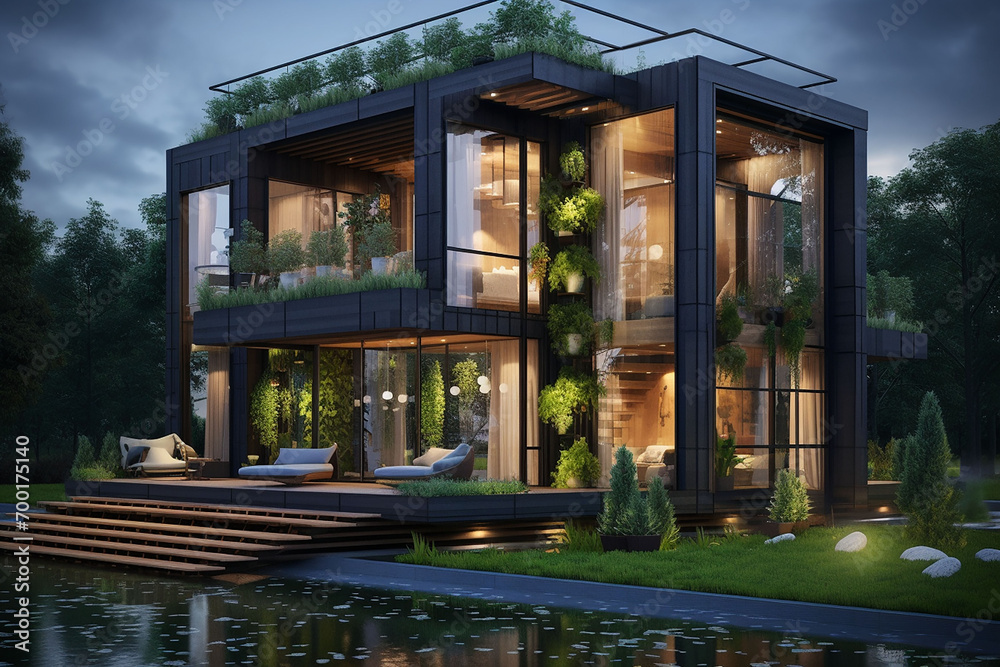 Modern house with green plants generated.AI
