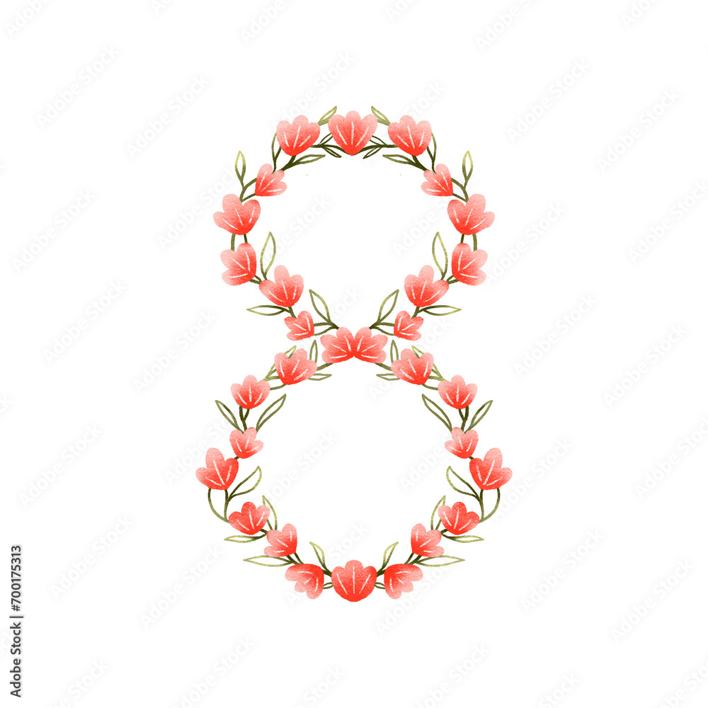 Number 8 composition with red flowers and decorative leaves. Han Number 8 composition with red flowers and decorative leaves. Han