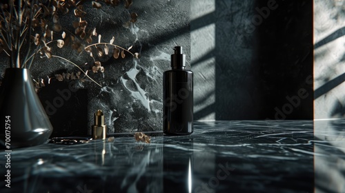 a bottle of black perfume mockup on a black with shiny marble, in the style of minimalist monochromatic landscapes, 