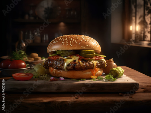 Burger with salad  cheese and bacon on dark background