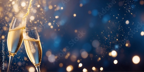 Champagne Toast Celebration - Happy New Year With Golden Glitter On Blue Abstract Background And Def photo