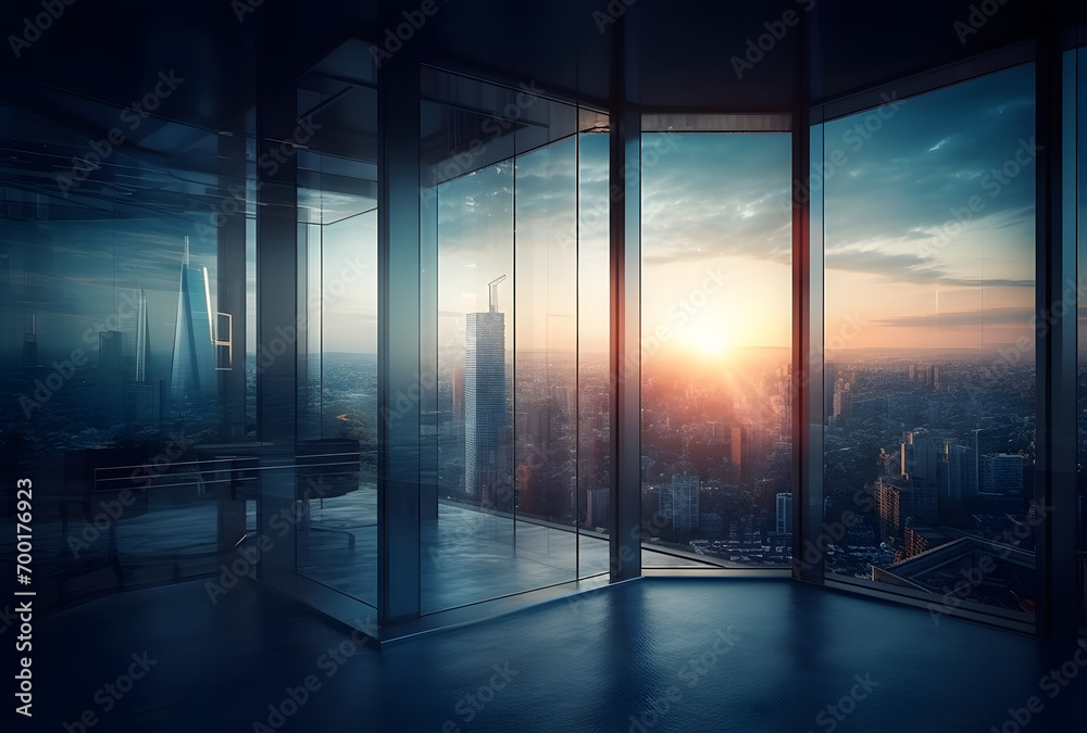 Office building glass and city skyline. Empty modern office background in city center