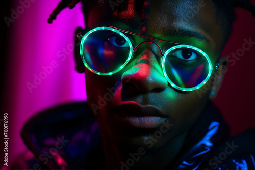 Generative ai image of modern guy on illuminated neon color background