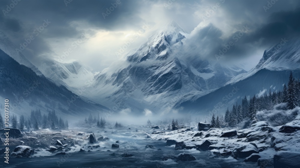 Panorama of icy winter mountain landscape with ice and snow