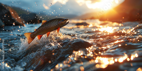 Photographie Close-up of a rainbow trout jumping out of the turbulent waters of a mountain st