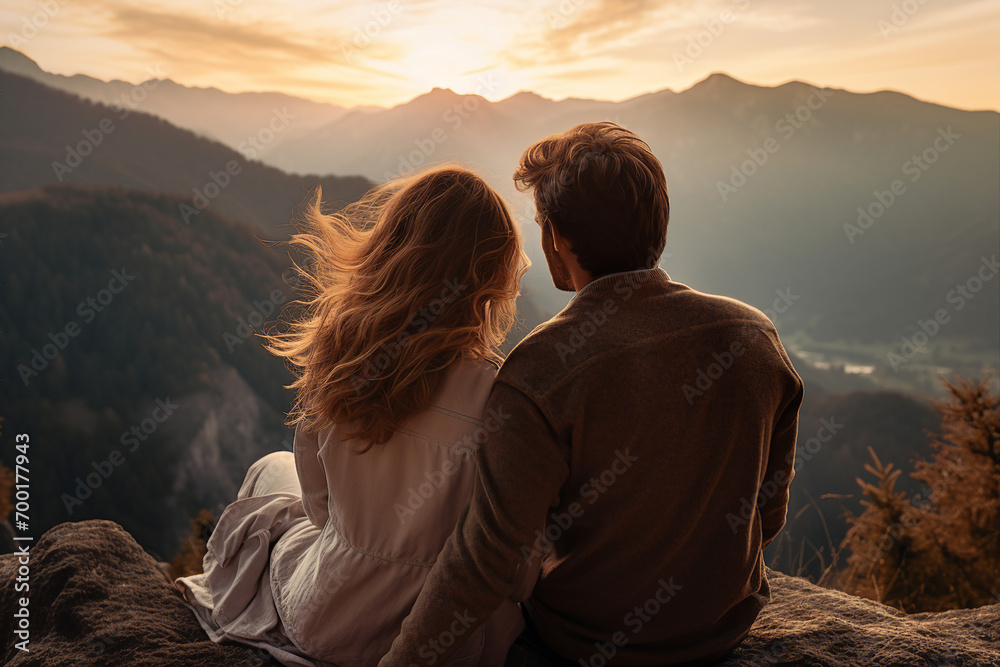AI generated image photo of married people enjoying romantic moment evening sunset in mountain - obrazy, fototapety, plakaty 