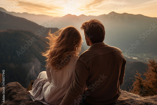 AI generated image photo of married people enjoying romantic moment evening sunset in mountain