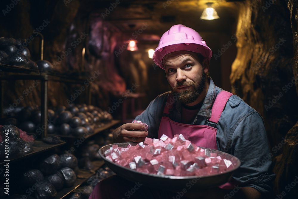 Person in protective helmet and pink overall extracting fantasy resources and gemstones generative AI Person in protective helmet and pink overall extracting fantasy resources and gemstones generative AI