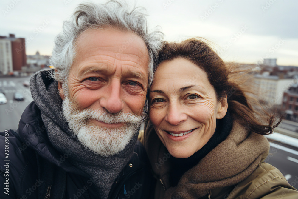 Generative ai photo image of cheerful people walking in city and making selfie Generative ai photo image of cheerful people walking in city and making selfie