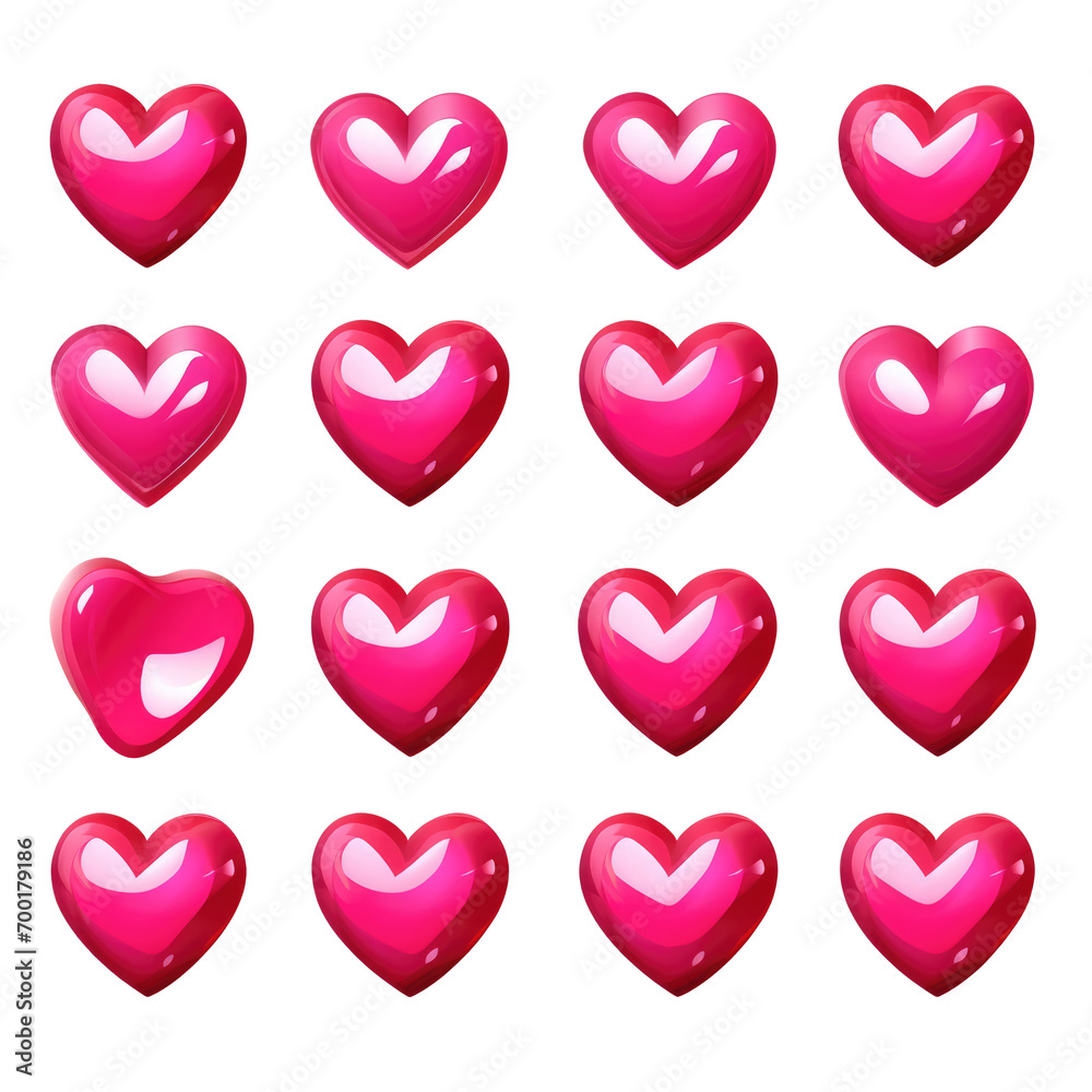 3D hearts set in various rotation positions, glossy shiny red or pink vector objects in heart shape, isolated on white background