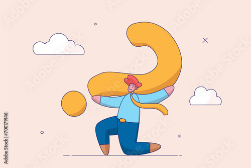 Doubtful or stress burden concept. Hard question with no answer or solution, critical business problem, frustrated tried businessman carrying heavy big question mark sign burden.
