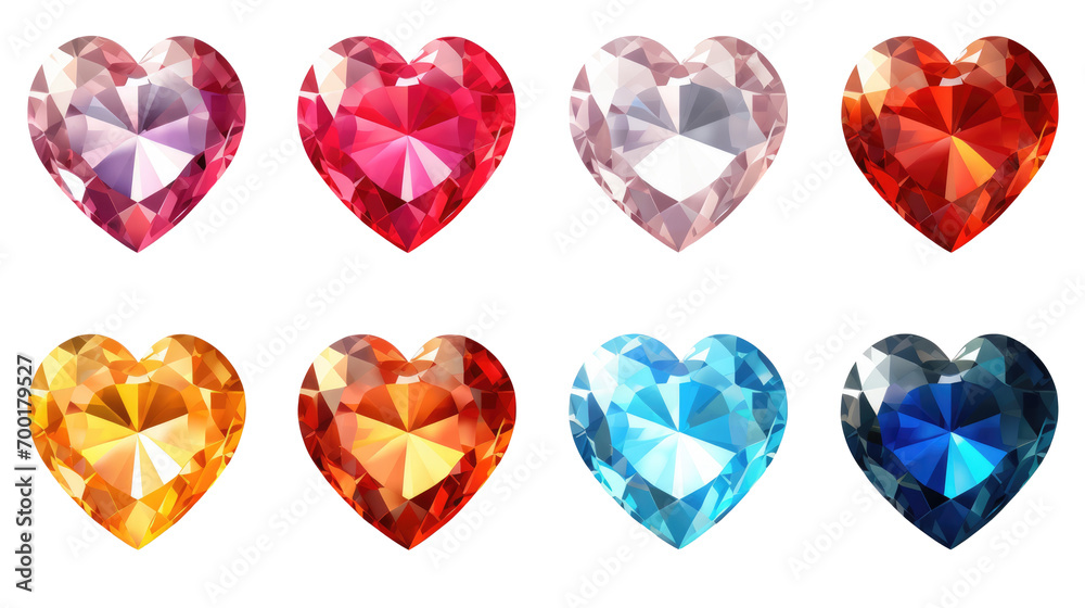 Naklejka premium Set of colorful shiny gemstones, diamonds, crystal, sapphires, rubies in heart shape isolated cutout on transparent background