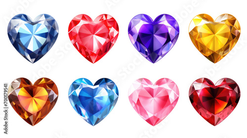 Set of colorful shiny gemstones, diamonds, crystal, sapphires, rubies in heart shape isolated cutout on transparent background photo