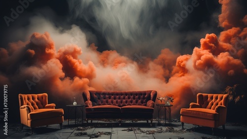 gothic armchair seat and smoke empty room background