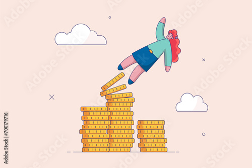 Financial instability concept. Uncertainty or unstable investment market, risky situation, economic recession, crisis or bankruptcy, businesswoman investor falling from stack of unstable money coins.