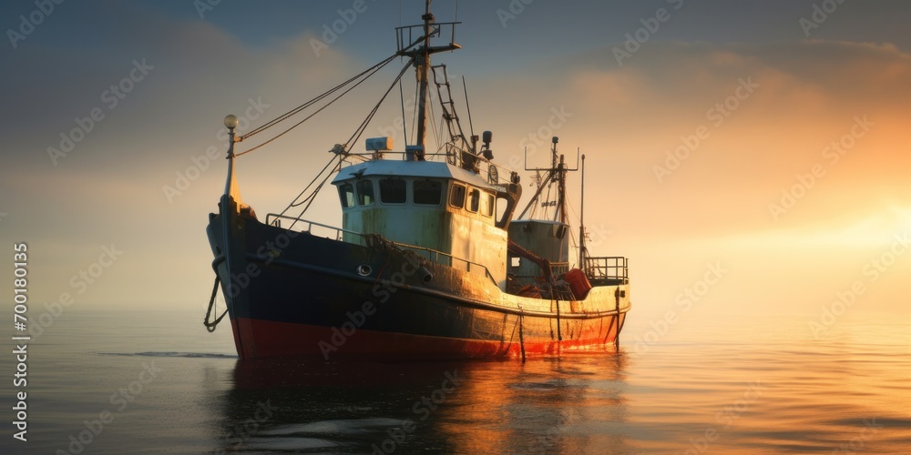 An industrial fishing boat with nets against a serene ocean backdrop.