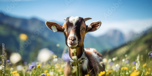 Young goat standing in a green meadow, showcasing rural beauty with playful and curious demeanor.