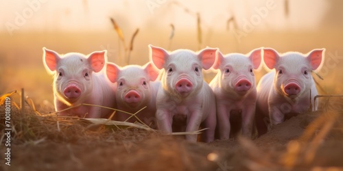 Adorable piglets in a rural field, showcasing the charm of farming life and animal husbandry.