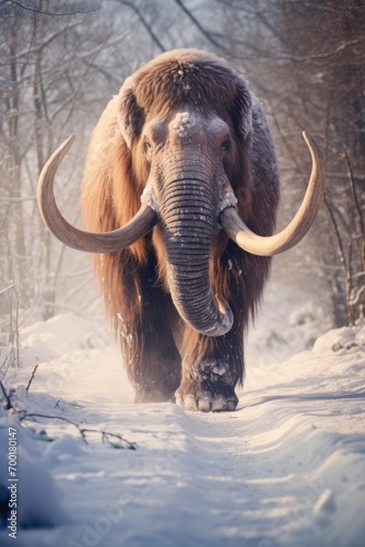 An immense mammoth, a symbol of ancient wildlife, in a snowy forest landscape.